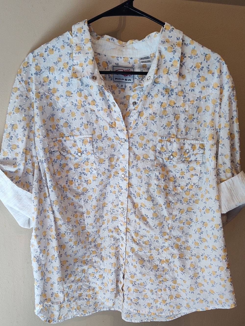 Roper Women's White Floral Button-Front Shirt - Yellow & Blue Print